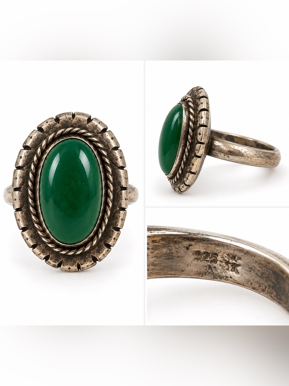 Sterling Silver Green Stone Statement Ring - 925 Marked